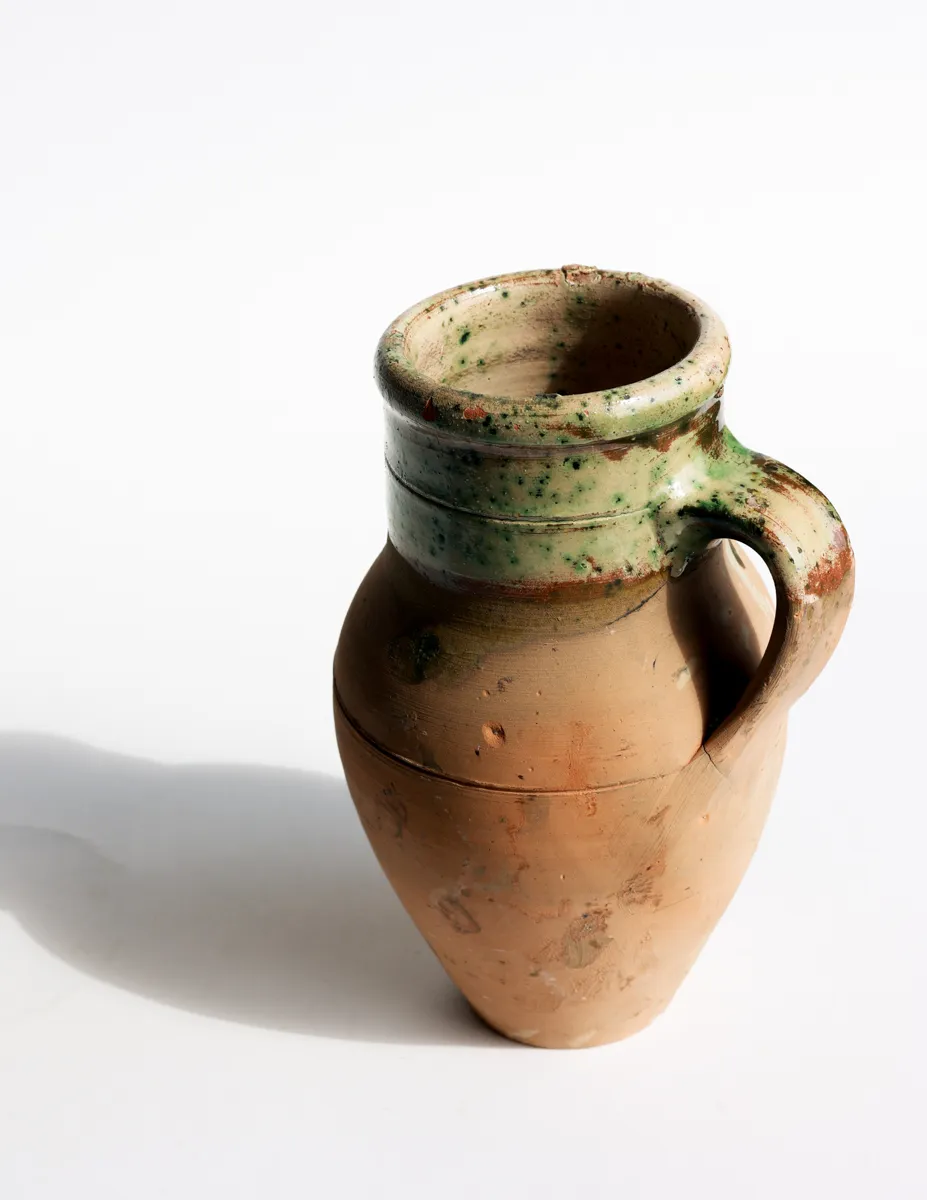 Vintage European Olive Jar - Antique Rustic Earthenware Pottery with Green Glaze - Medium