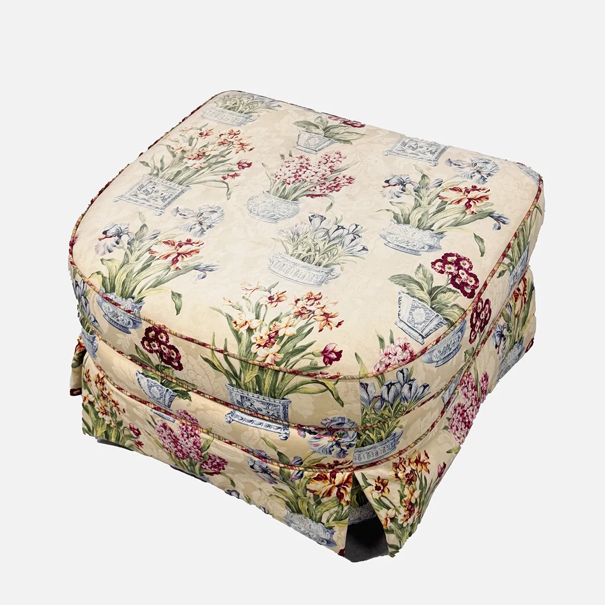 Mid Century English Country Skirted Floral Printed Ottoman