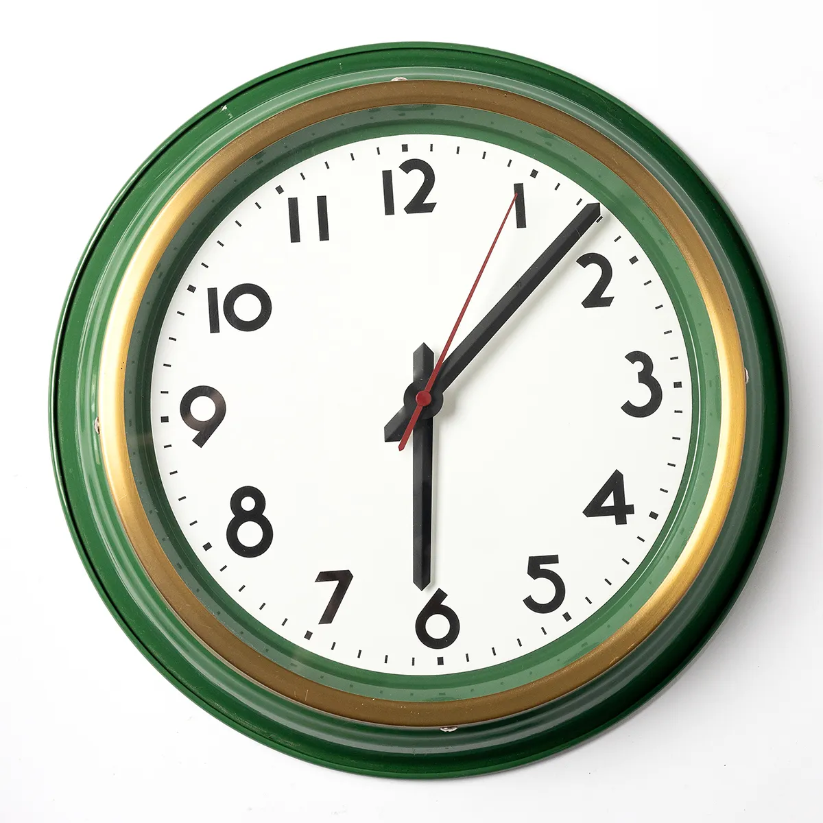 Green Metal Wall Clock Off White Face Black Numbers and Gold around the edge 