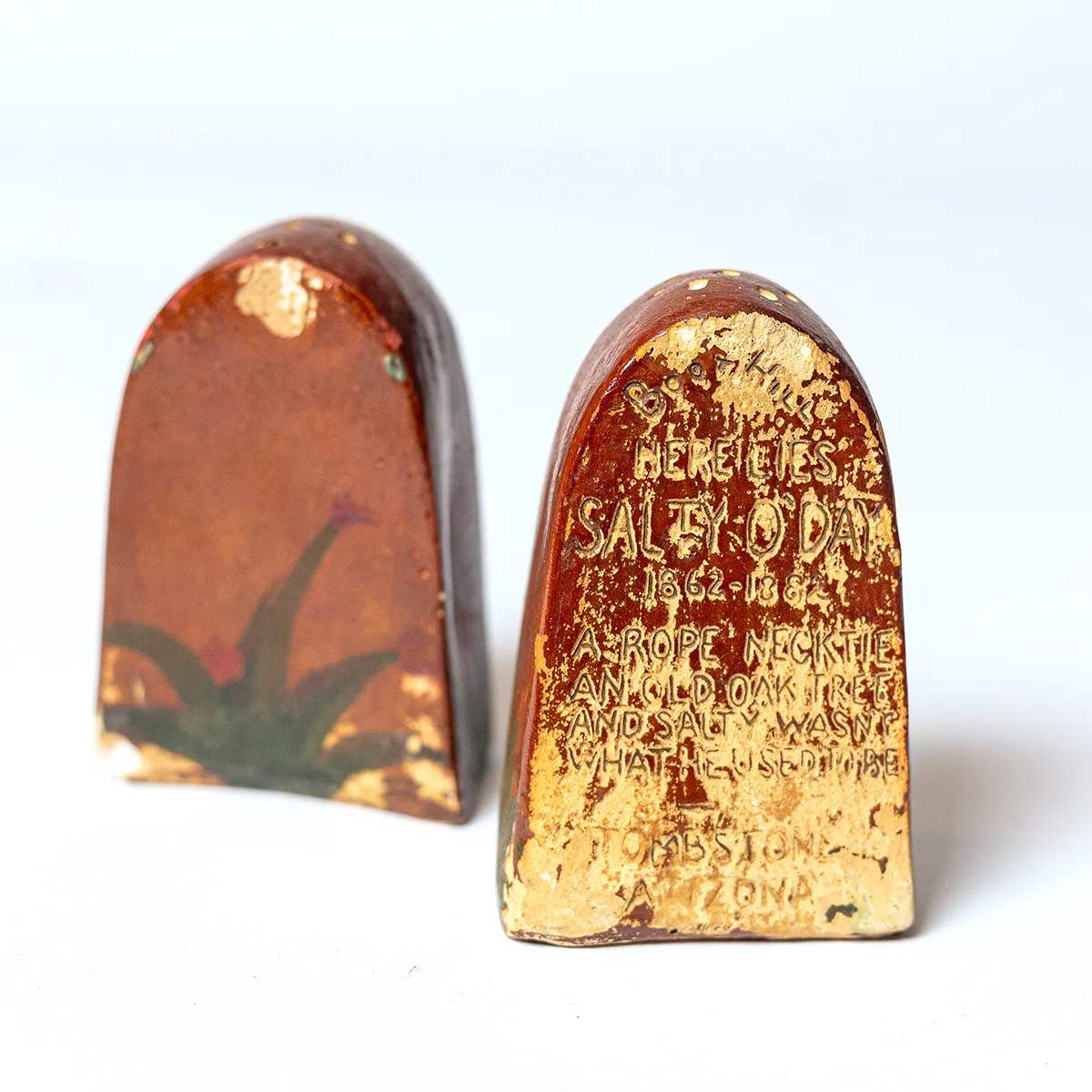 Ceramic Tombstone shaped Brown Salt and Pepper Shaker with names of the deceased