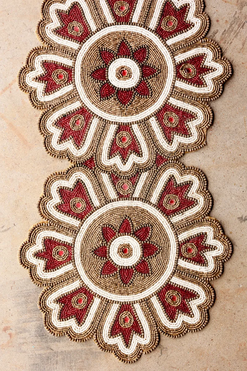 Beaded Floral Table Runner Red Cream Tan Bohemian