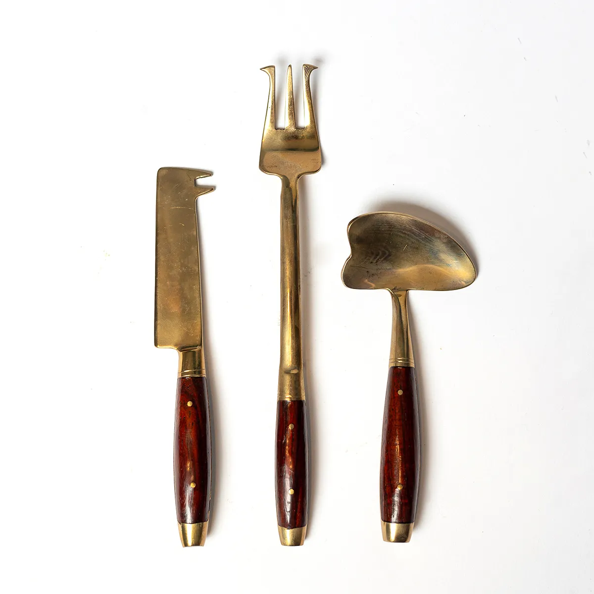 Mid Century MCM Thai Bronze and Teak Silverware Cheese Service Set