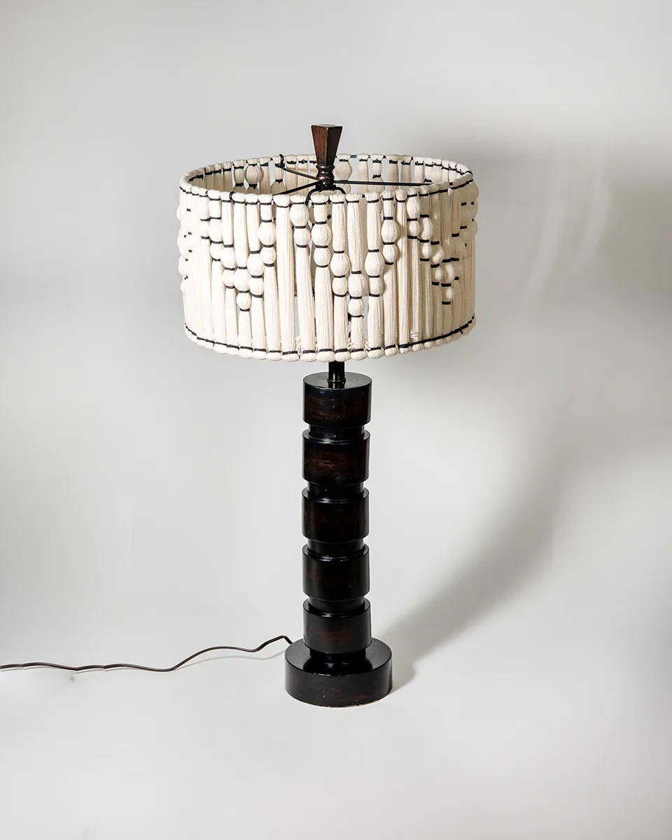 Wooden Black Cylinder Lamp with unique black and white lamp shade