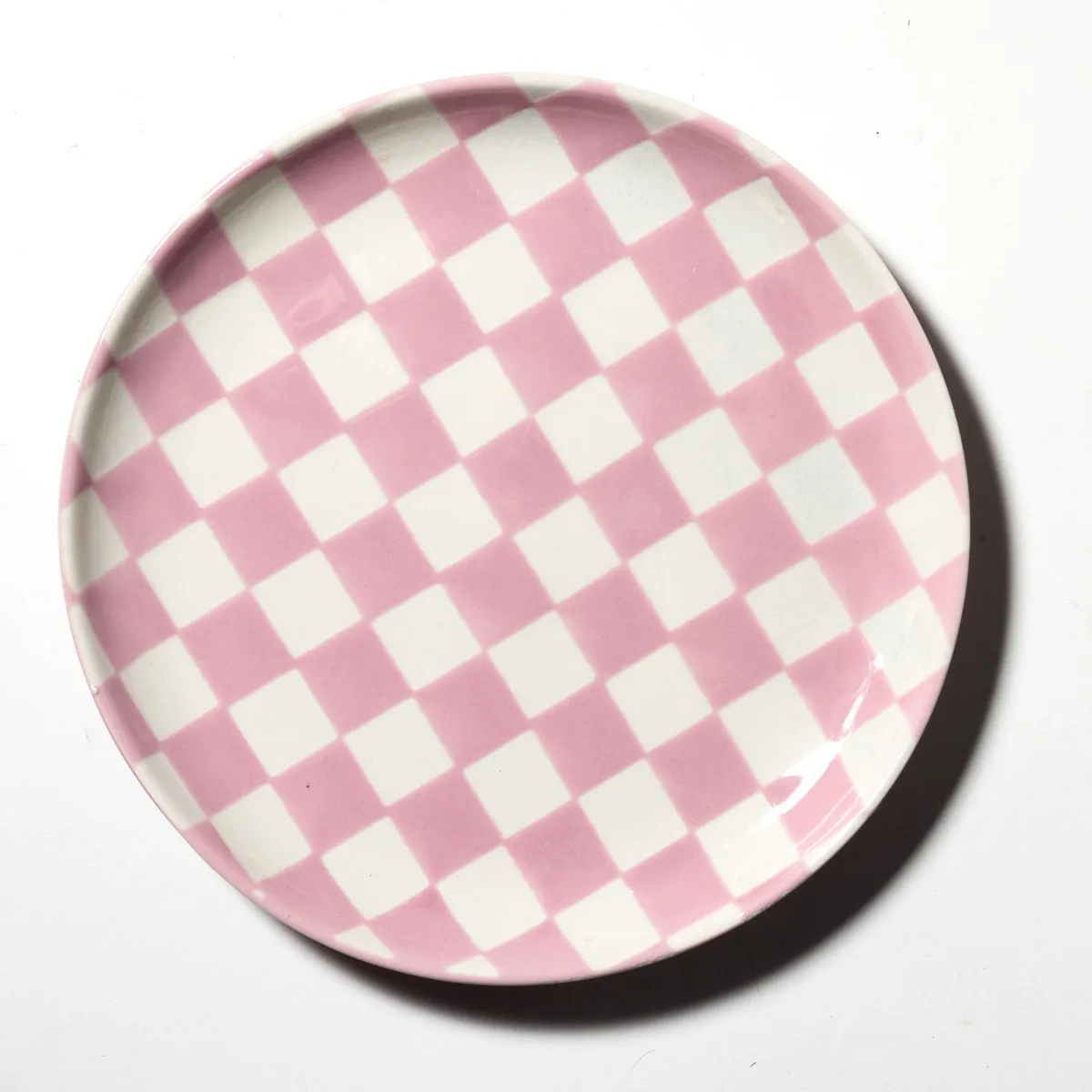 Ceramic Salad Plate with Pink and White Checkered Pattern