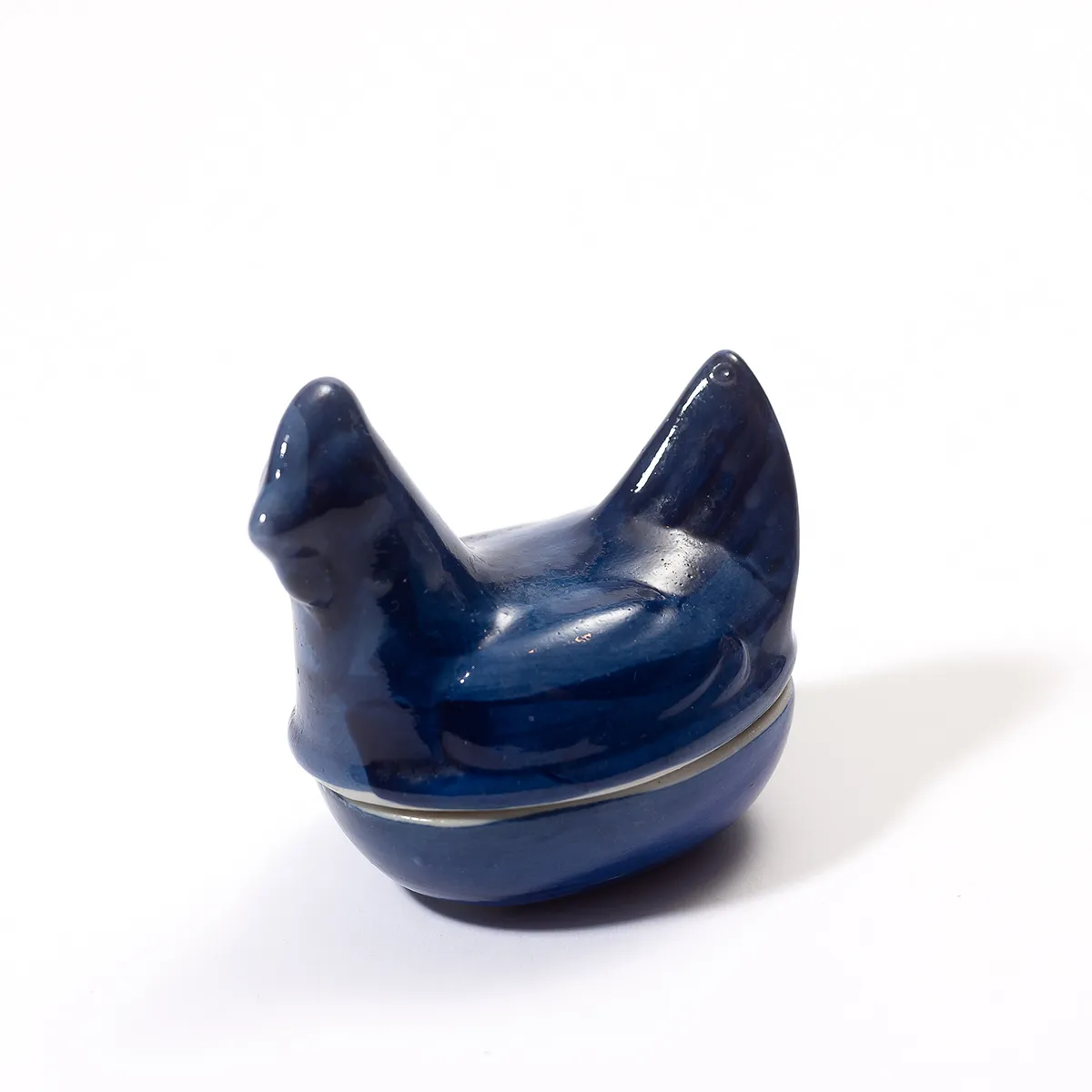 Vintage Blue Hen on a Nest Salt Cellar Cobalt Blue Pottery Glaze Trinket Box - 3.5" x 3.5"
