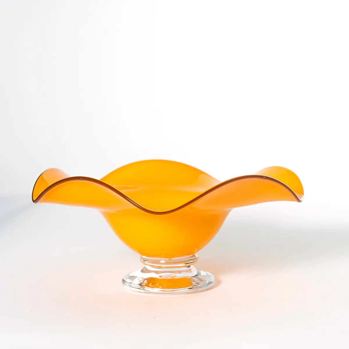 Vintage Wavy Opaque Tangerine orange footed pedestal bowl glass - 9.5" x 4.5"