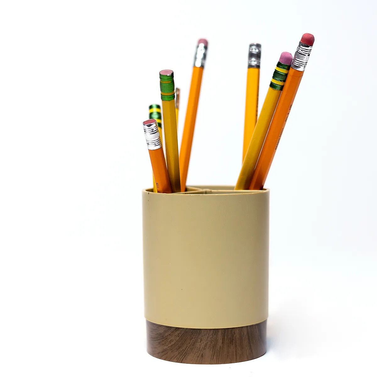 Vintage Beige Plastic and Faux Wood Grain Pencil Holder with Pencils