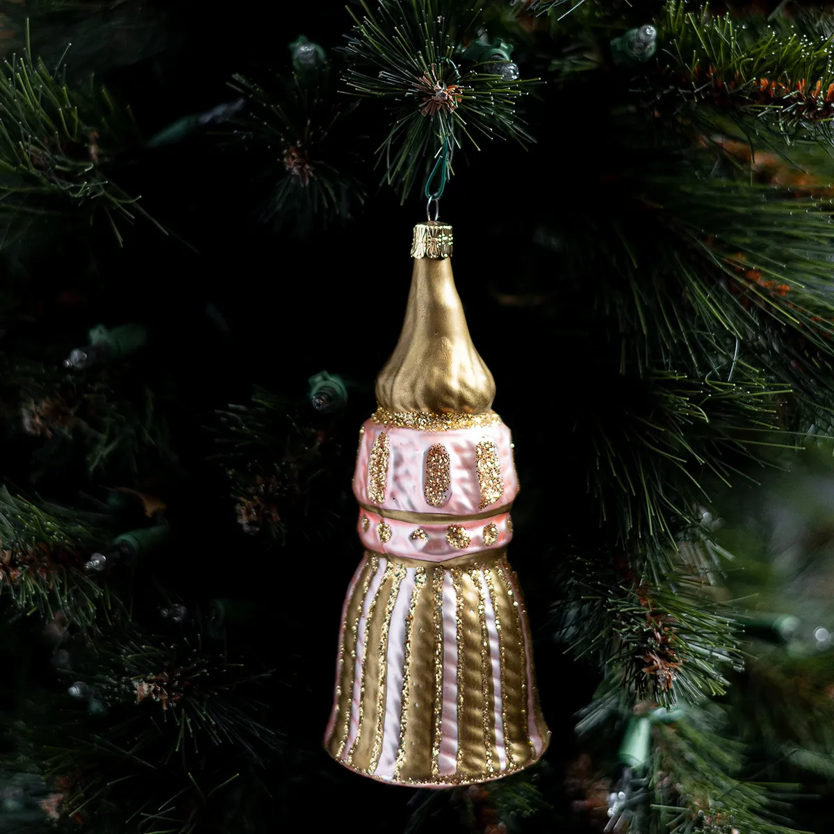 Vintage Glass Christmas Ornament Pink and Gold Glitter