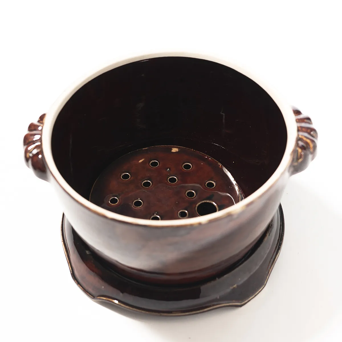 Brown Glazed Stoneware Dutch Oven Old Hickory Duchess Pattern with Steamer Plate, Trivet, and Lid - 6" x 7.5"