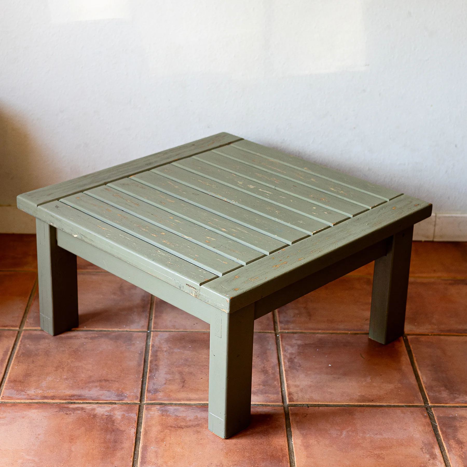Pale Olive Green Distressed Coffee Table, Solid Wood - 29.5" square, 15" tall
