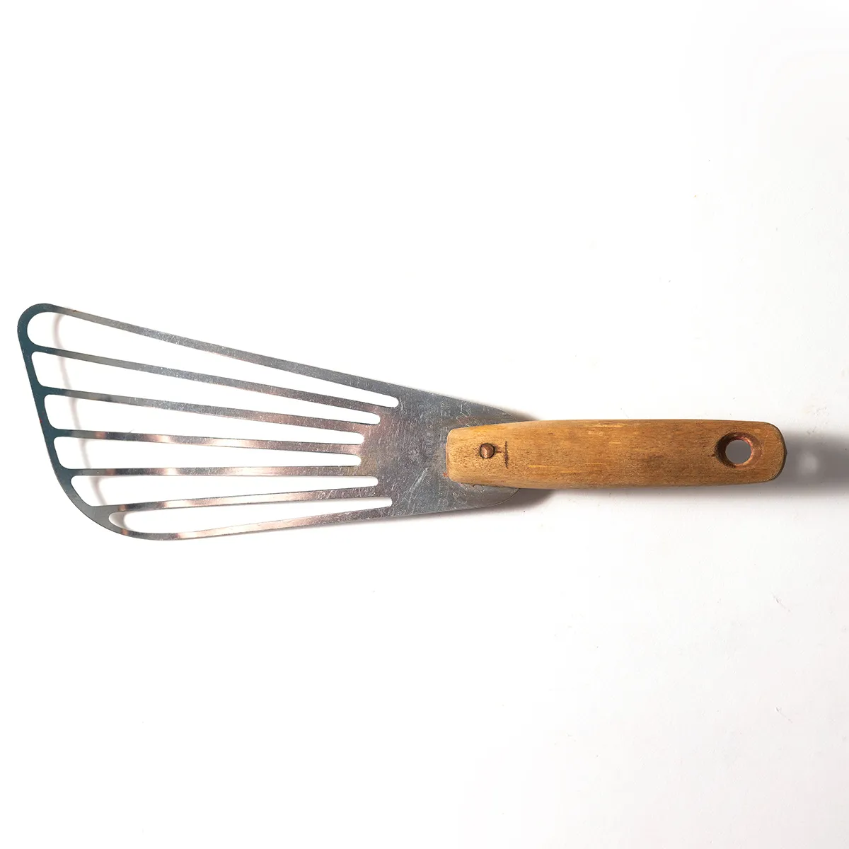 Vintage Slotted Fish Spatula, Batter Beater Metal with a Wood Handle