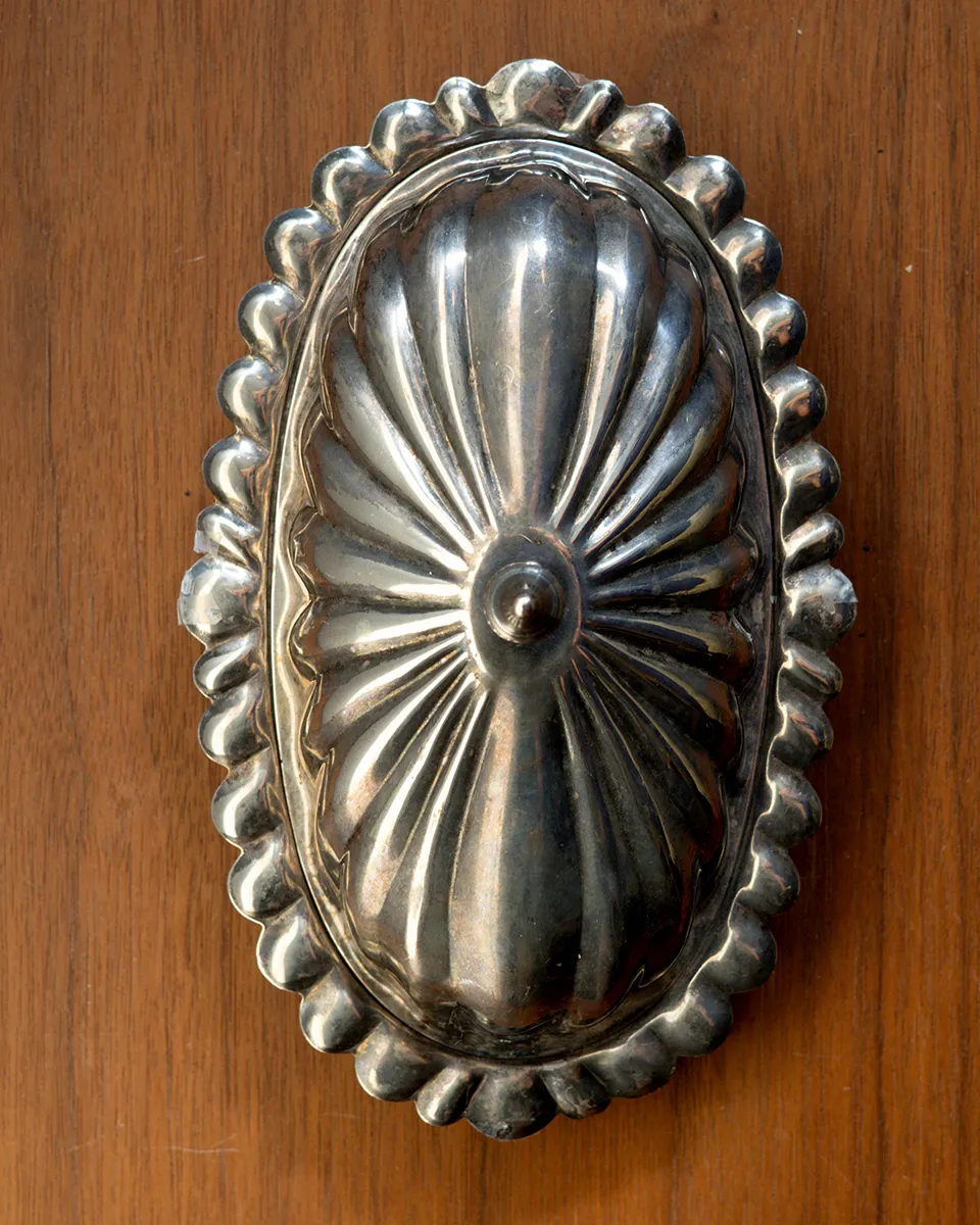Silver Butter Dish with glass butter dish insert. Ridges radiating from the center
