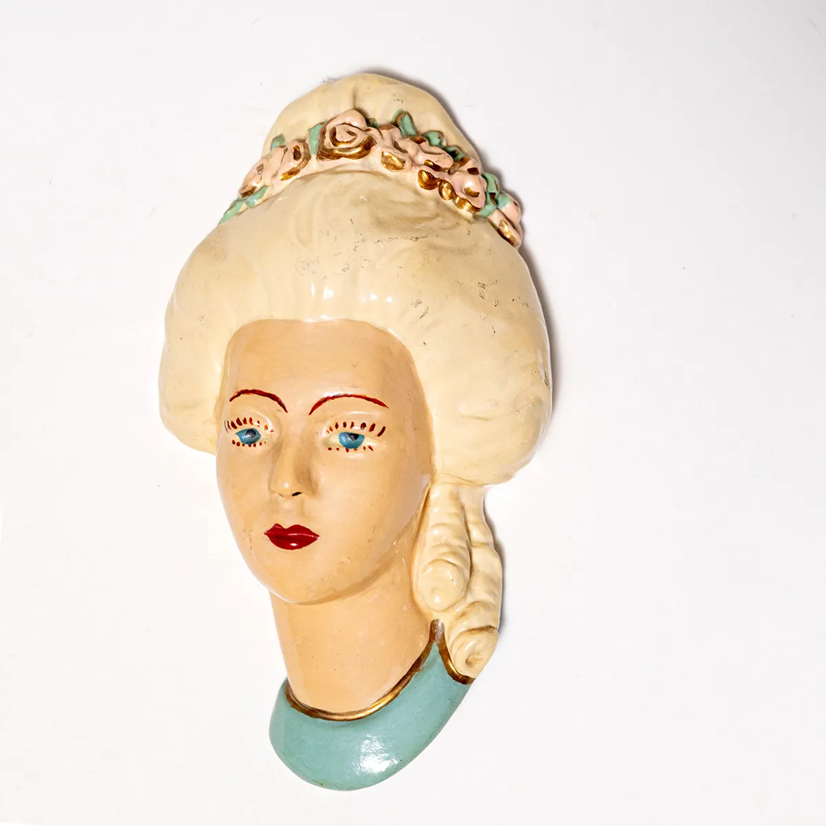 Victorian Woman Hand Painted MCM Lady Head Bust Sculpture Wall hanging art. Fair skin, blue eyes, blond hair, pink roses headband, robins egg blue collar