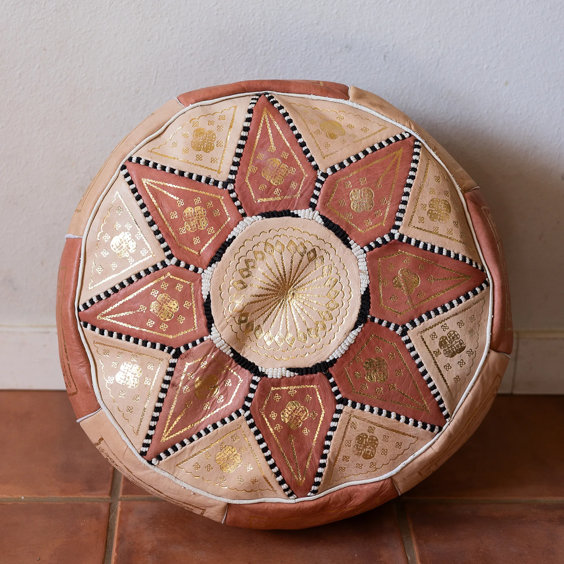 Moroccan Pouf - stuffed, Tan and Beige, Gold Detail, imported from Morocco, Ottoman, Seating, New, Handmade - 20" x 12"