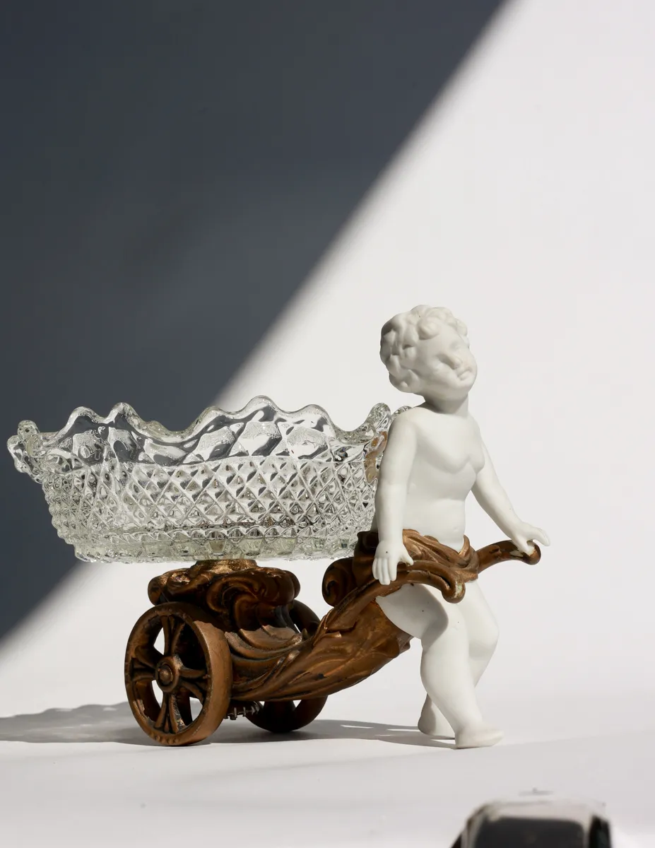 Antique Victorian Bisque Porcelain Girl Chariot With Etched Glass Bowl