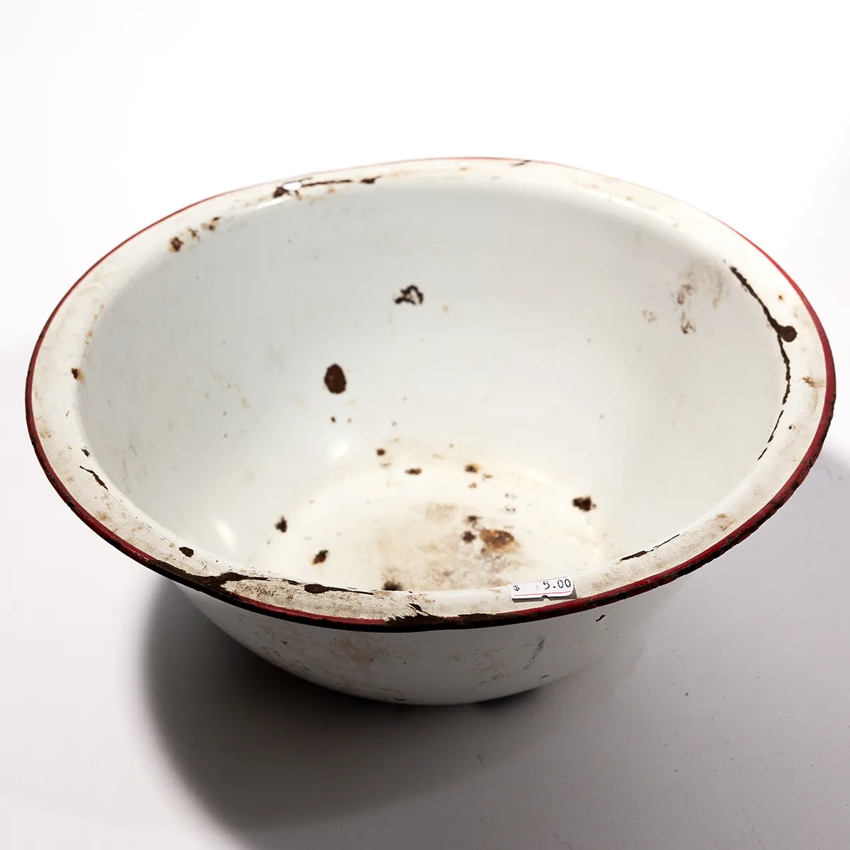 Large Round White Enamel Wash Basin with Red Trim, Patina, Vintage - 12" x 4.5"