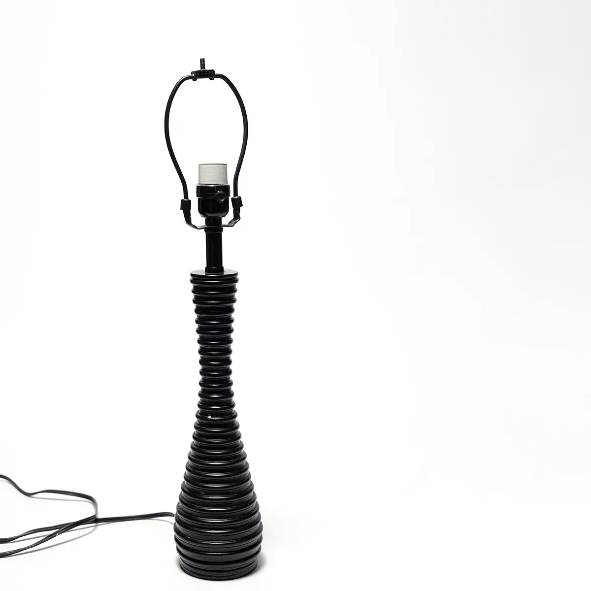 Vintage Mid-Century Modern Solid Wood Ebony Tone Black Spiral Ribbed Table Lamp, Tall.