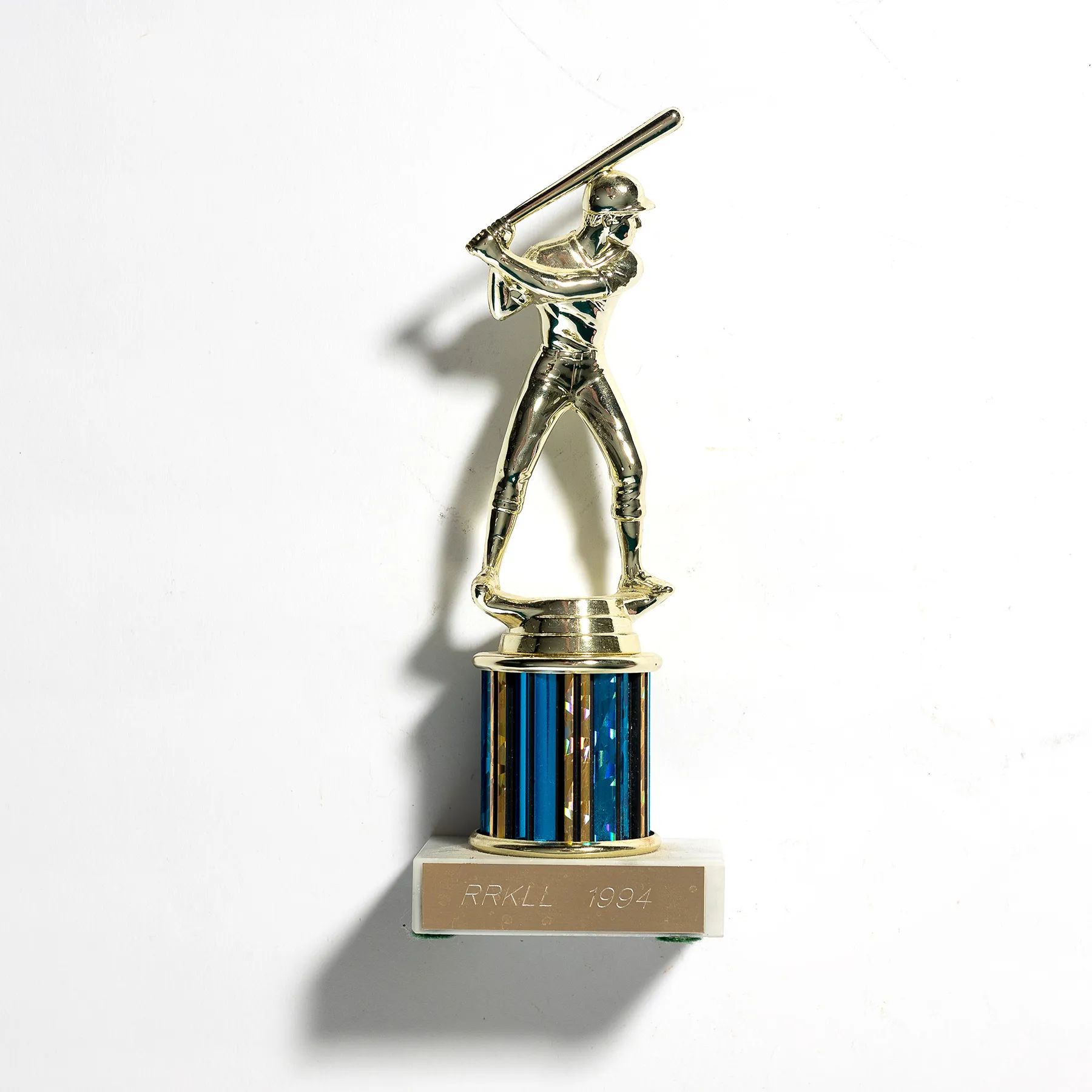 Vintage Childrens trophy gold statue with marble bottom, blue and gold. Baseball - 8" x 3"