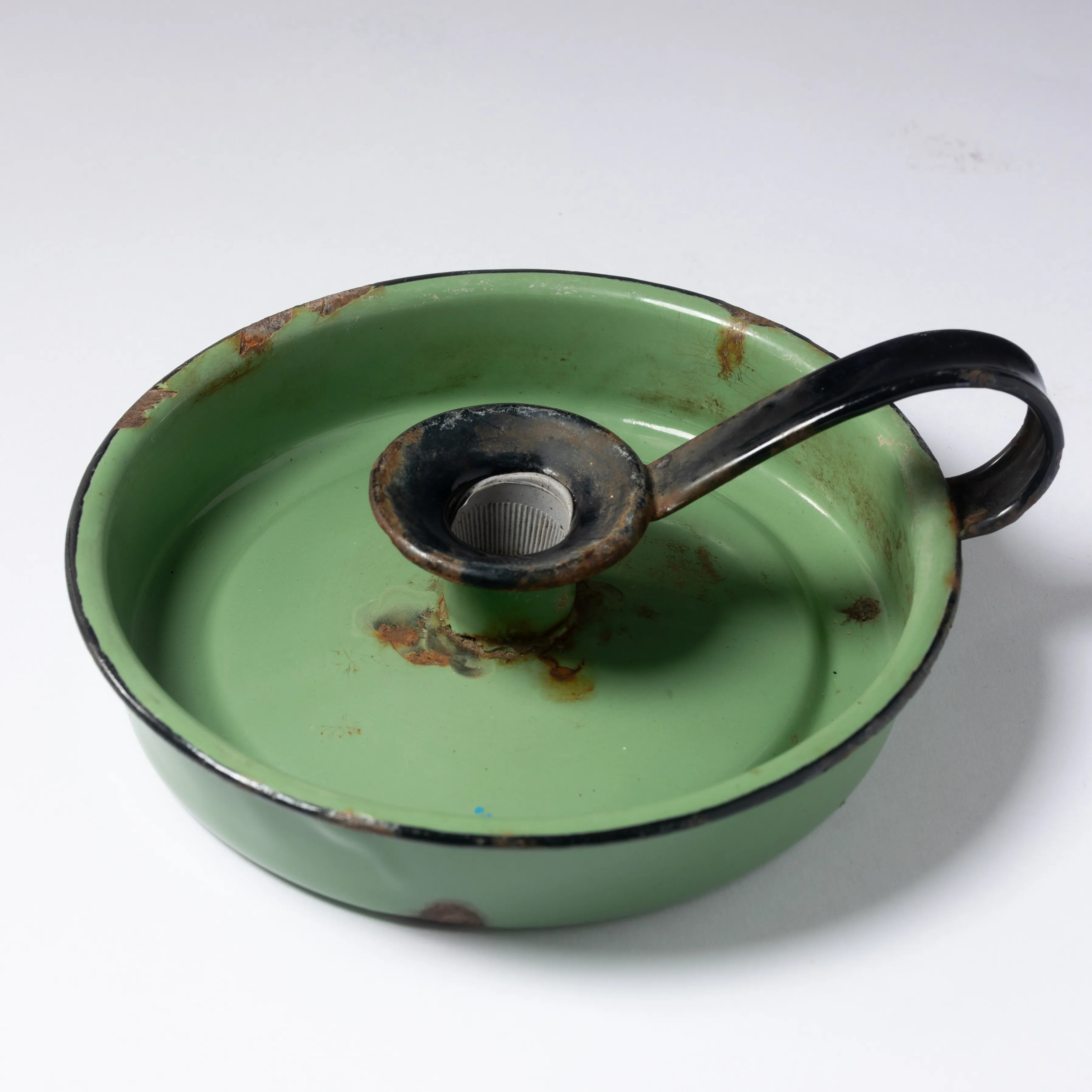 Vintage Avocado Green Enamelware Nightstick Candleholder with finger ring 