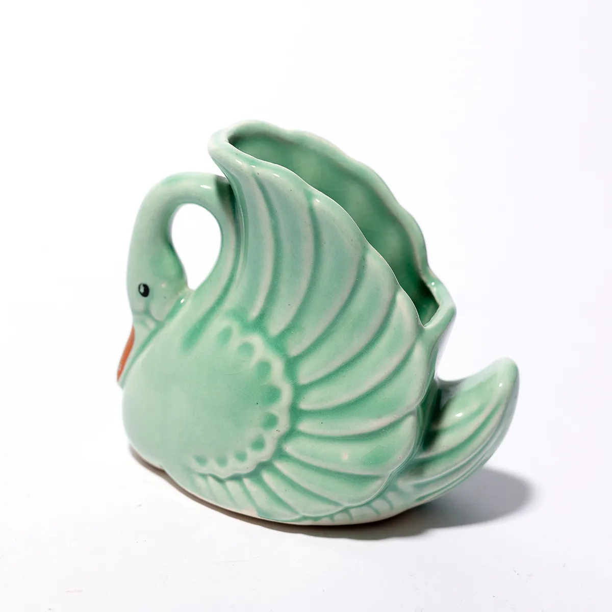 Vintage Morton USA Pottery Small Swan Planter Green Succulents orange beak