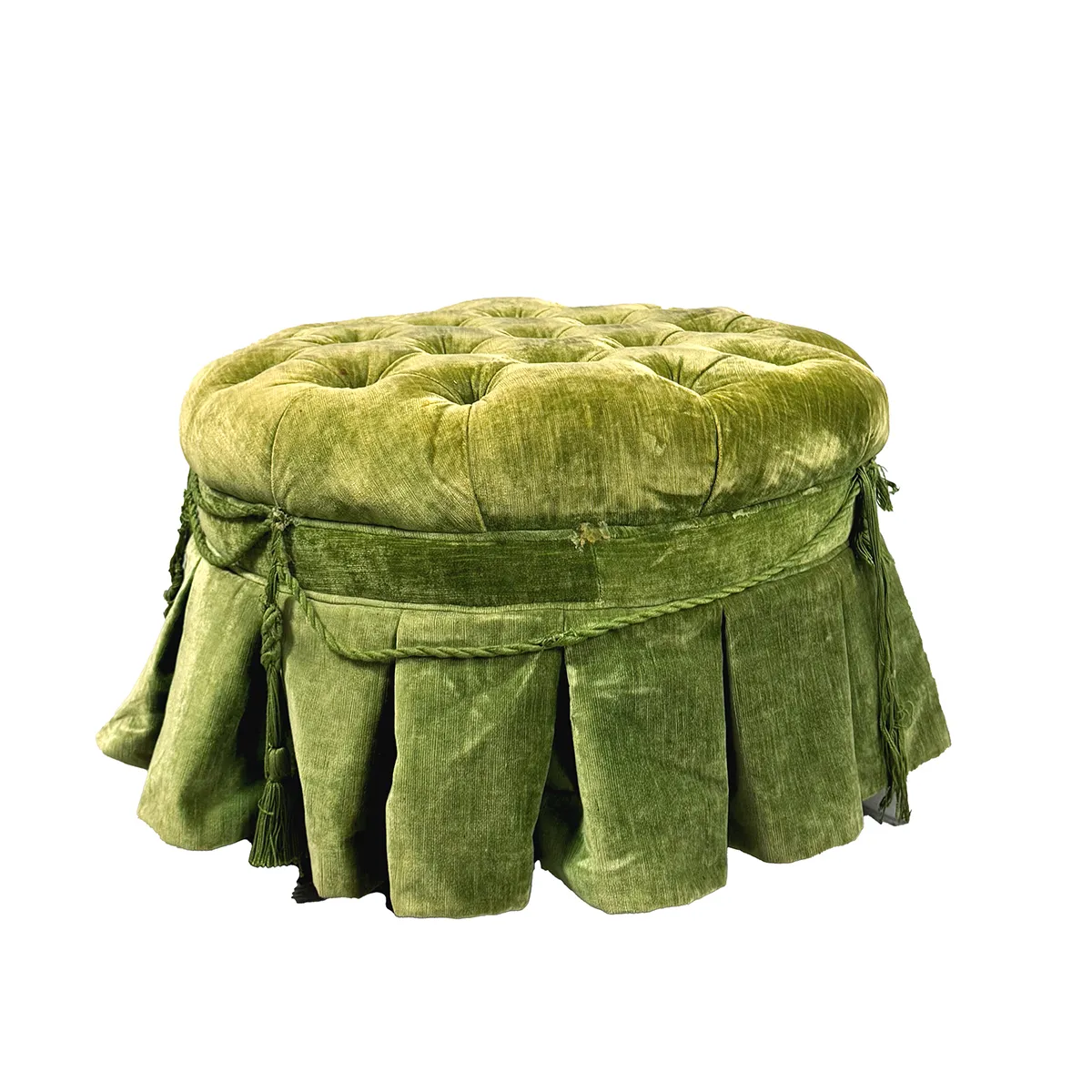 Round Button Tufted Crushed Velvet Green Ottoman