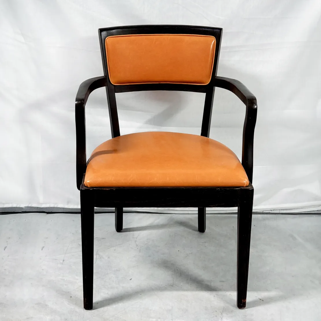 Mid Century Modern Orange Leather and Dark Wood Arm Chair