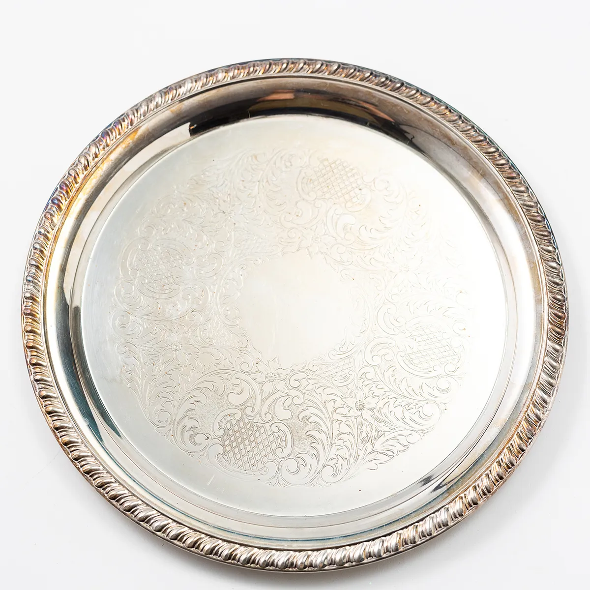 Silver Plated Ornate gilded design Round tray, platter 
