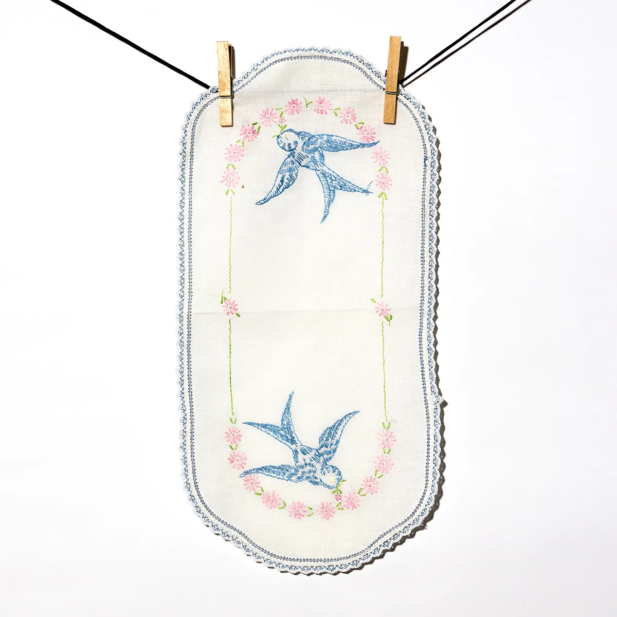 Kitchen Soft Goods: Hand Embroidered and french knot Blue bird an pink flowers details, oval thread table runner, dresser top - 18" x 9"