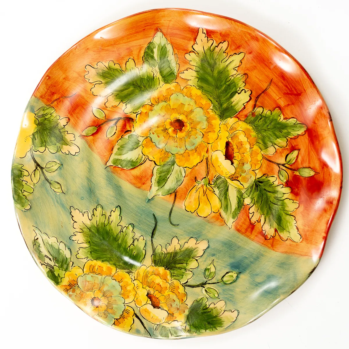 LARGE Dinner Plate swirl textured rim Flower details - 10" 