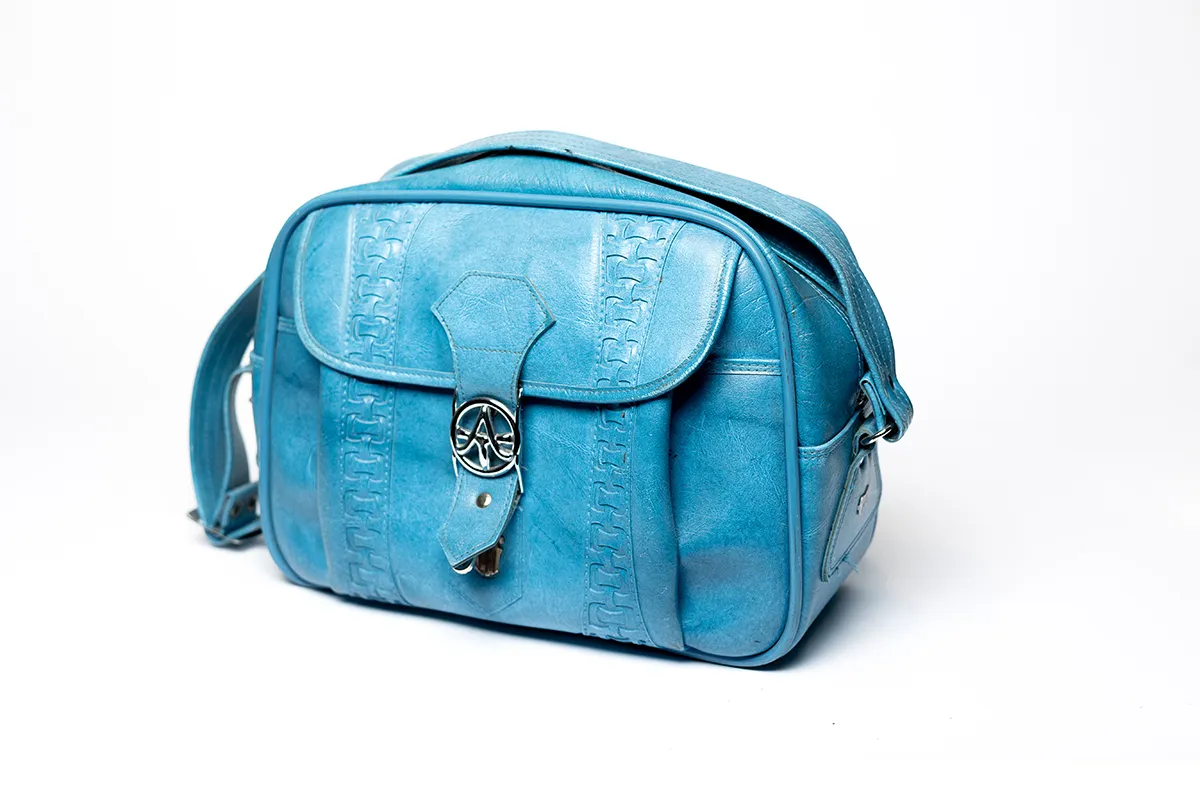 Turquoise Blue 1978 American Tourister Flight Attendant Over the Shoulder Carry On Travel Bag Leather Shoulder Strap and Chrome Buckles