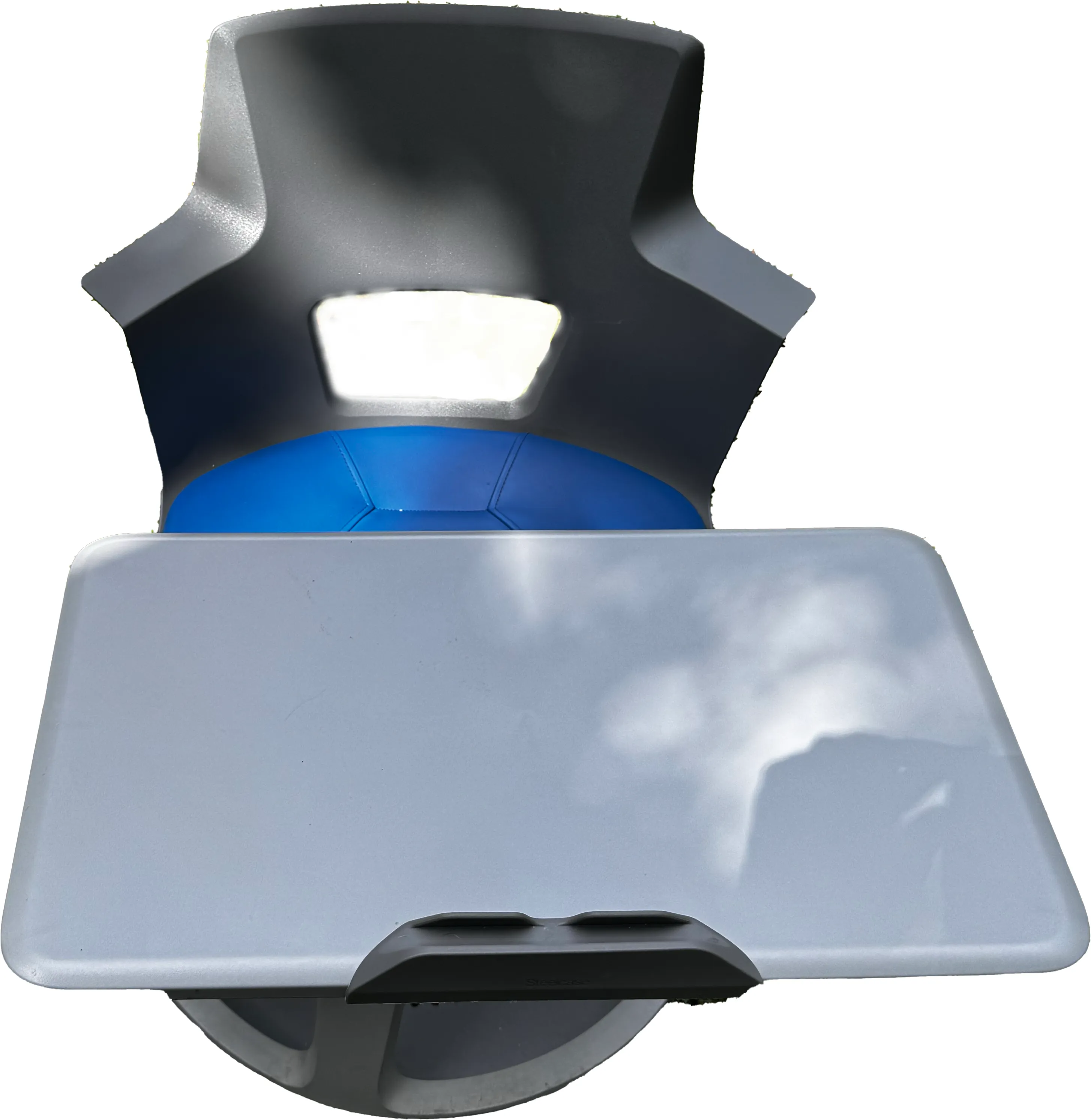 Gray Chair with attached Desk on wheels, Blue Leather Cushion, and Storage