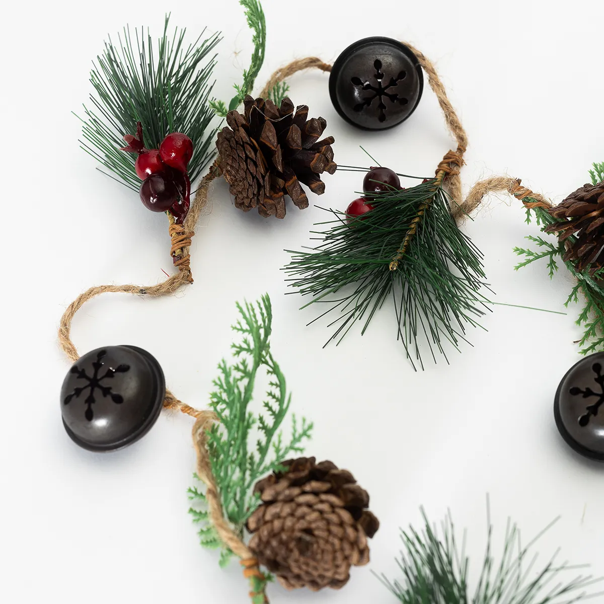 vintage Handmade Christmas Garland with Greenery, pinecones, and bells - 5.5'