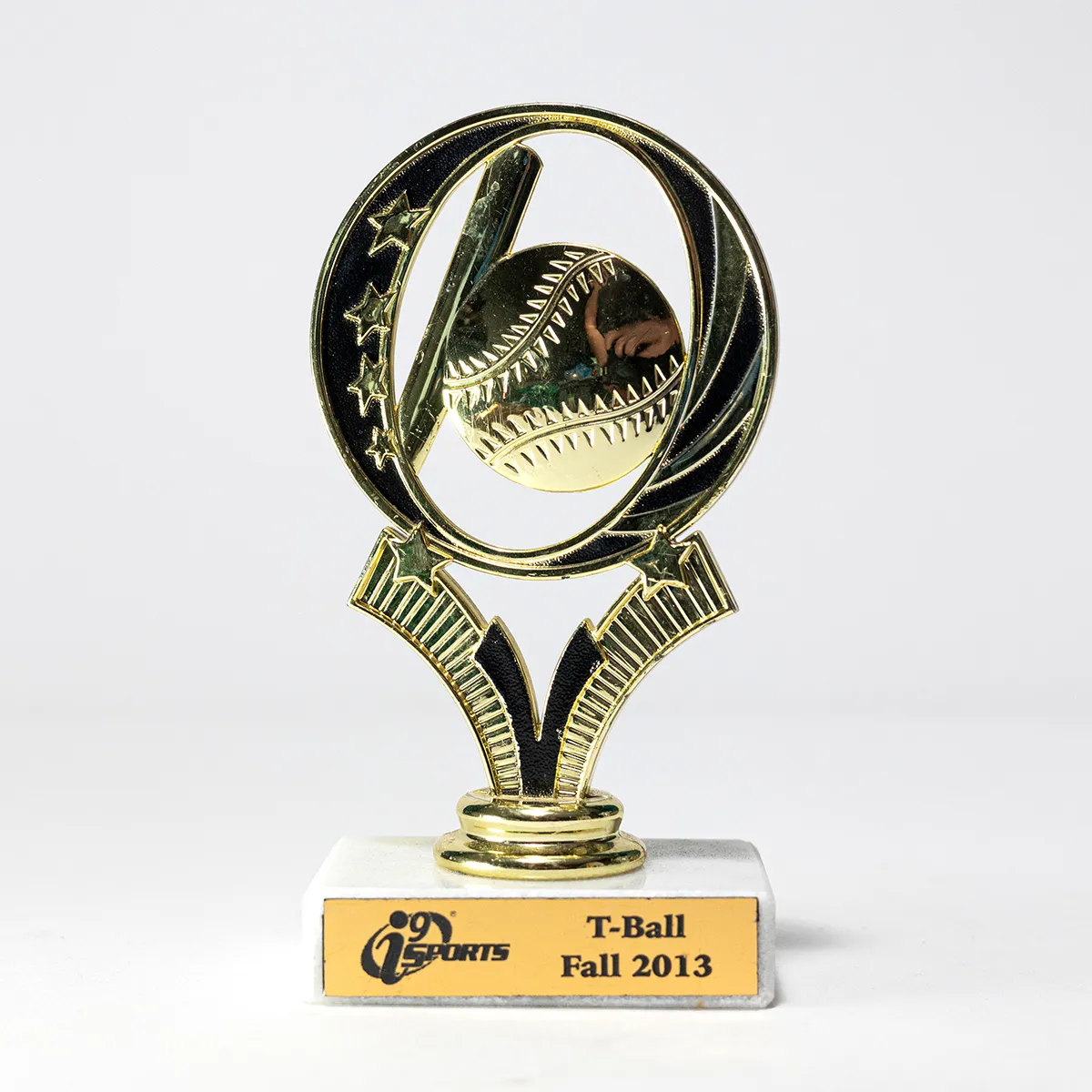 Round Light Gold Baseball Trophy on a White Marble Base