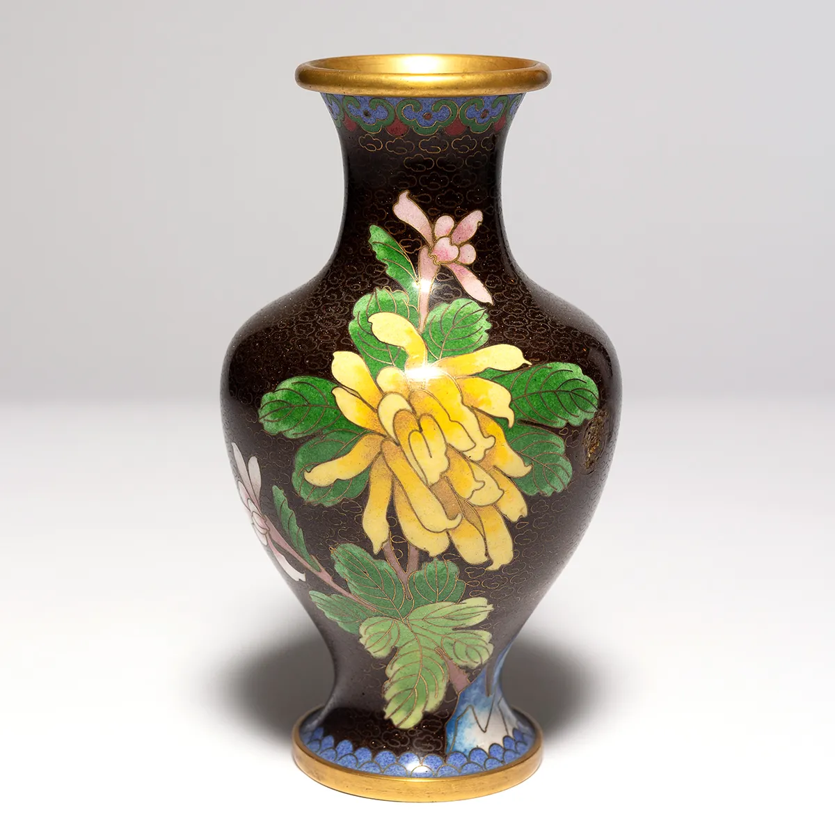 Mosaic Enameled Brass Flower Vase Cloisonne Blue Yellow Green Pink Brown White - 