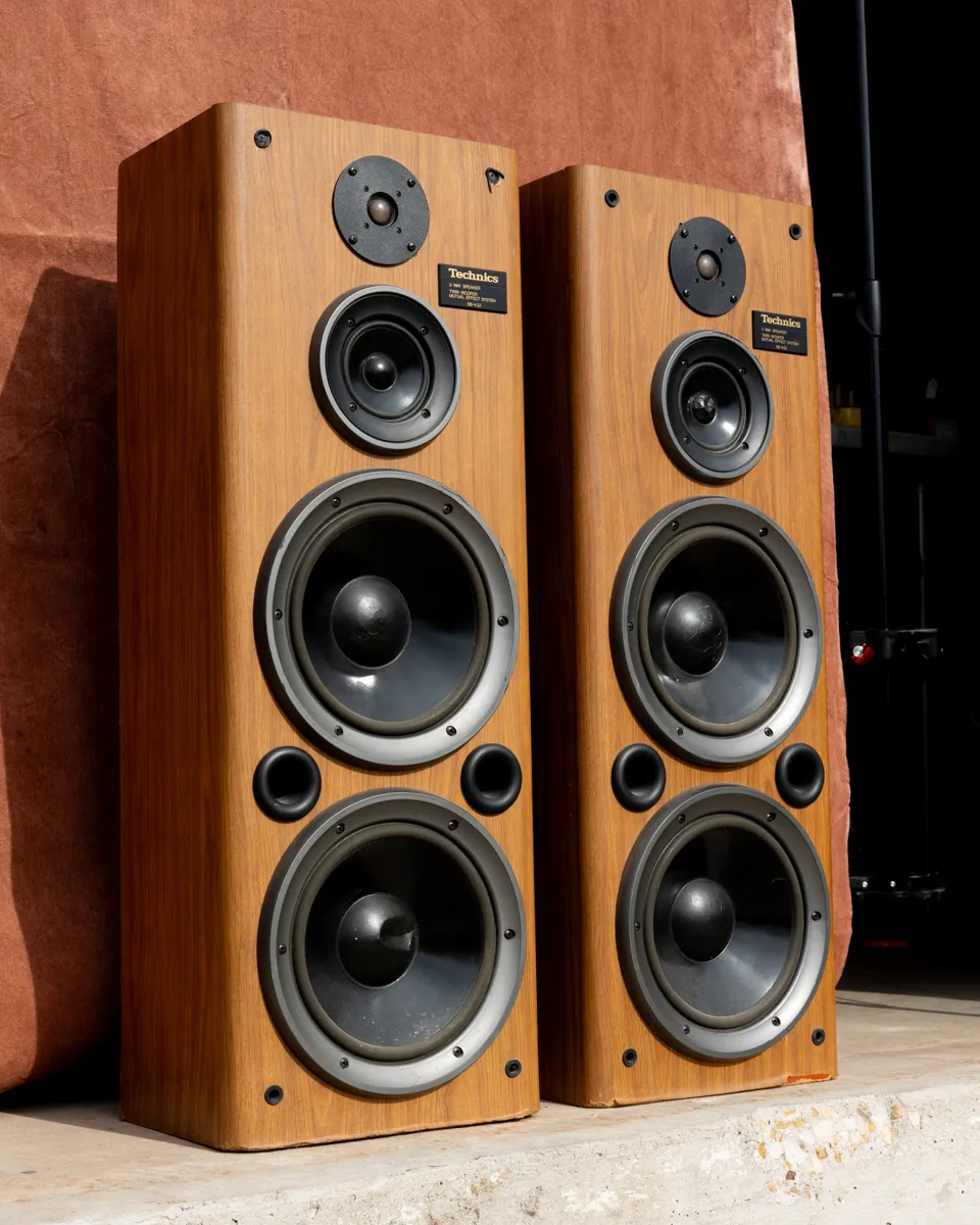 Vintage Technics Floor Speakers Twin Woofer System Light Wood Grain and Black Speakers