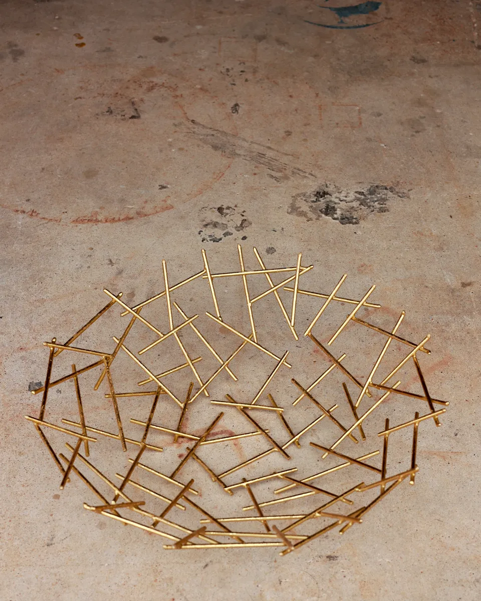 Modern Brass Wire Nest Bowl Abstract Sculpture
