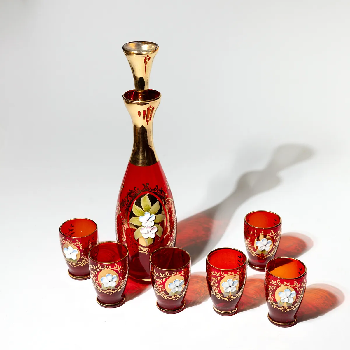 Ruby Red and Gold Glass Decanter Set with Small Cordial Glasses