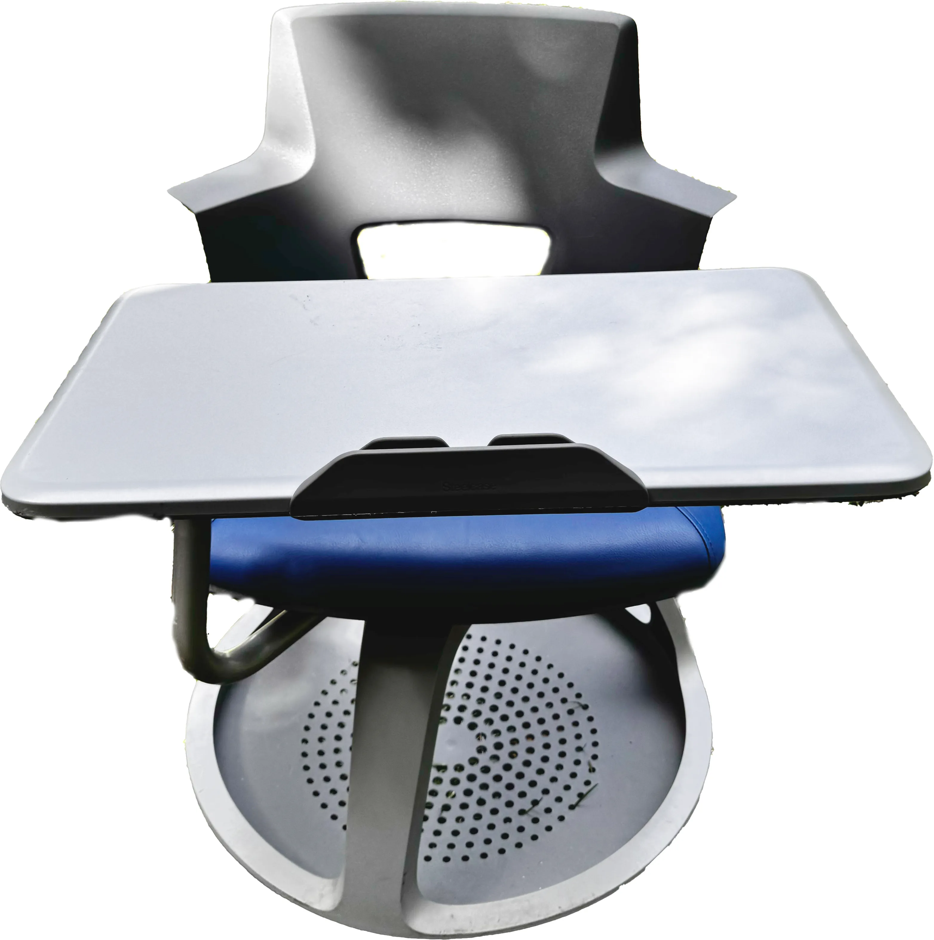 Gray Chair with attached Desk on wheels, Blue Leather Cushion, and Storage