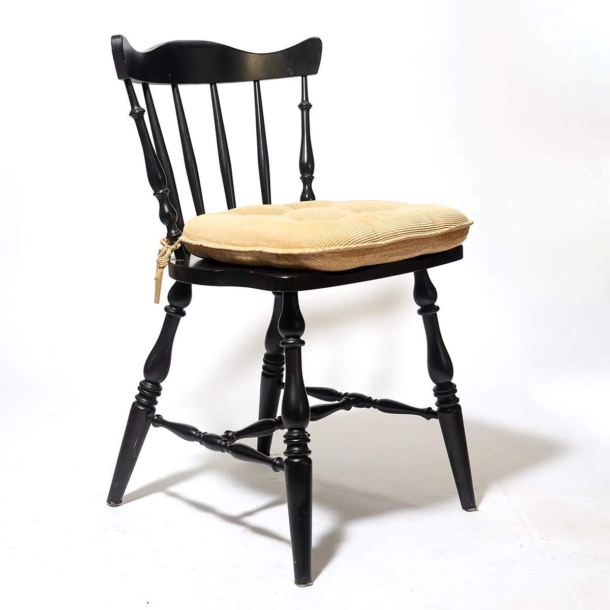 Black Cottage Chair with tan Beige tufted cordoroy seat cushion Fabulous Vintage Solid Wood Spindle Back Dining Side Chair - 18" x 16" seating 30.75"