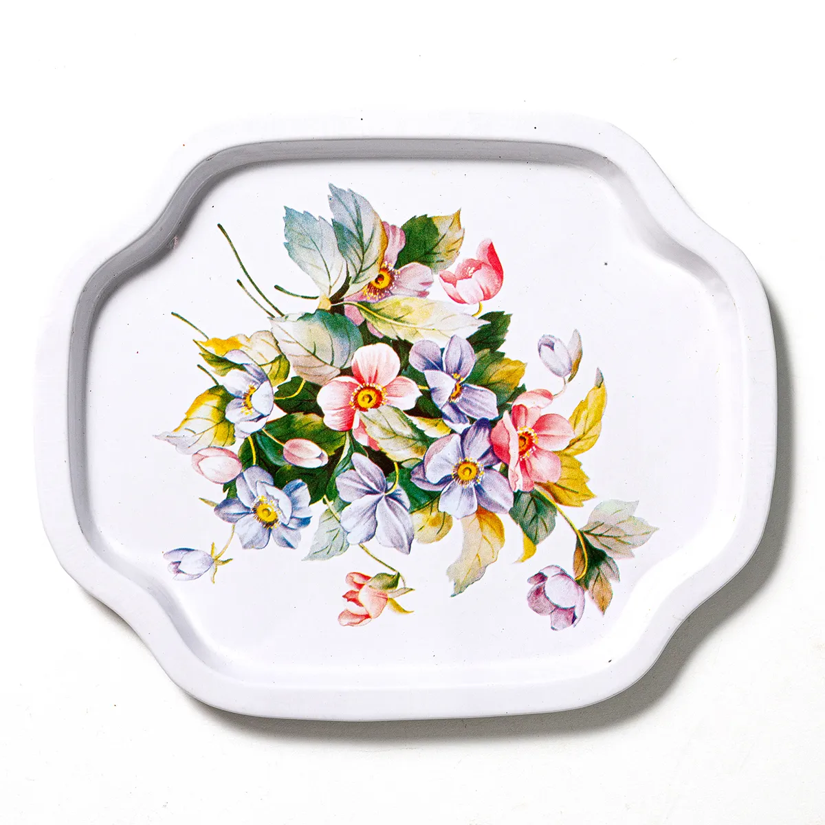 Vintage Small White Metal Serving Tray With Flowers
