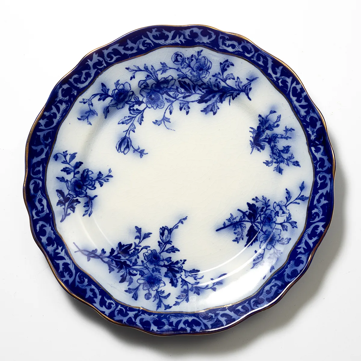 Vintage Flow Blue Touraine Dinner Plate, Cobalt, blue flower detail with gold edging - 10"