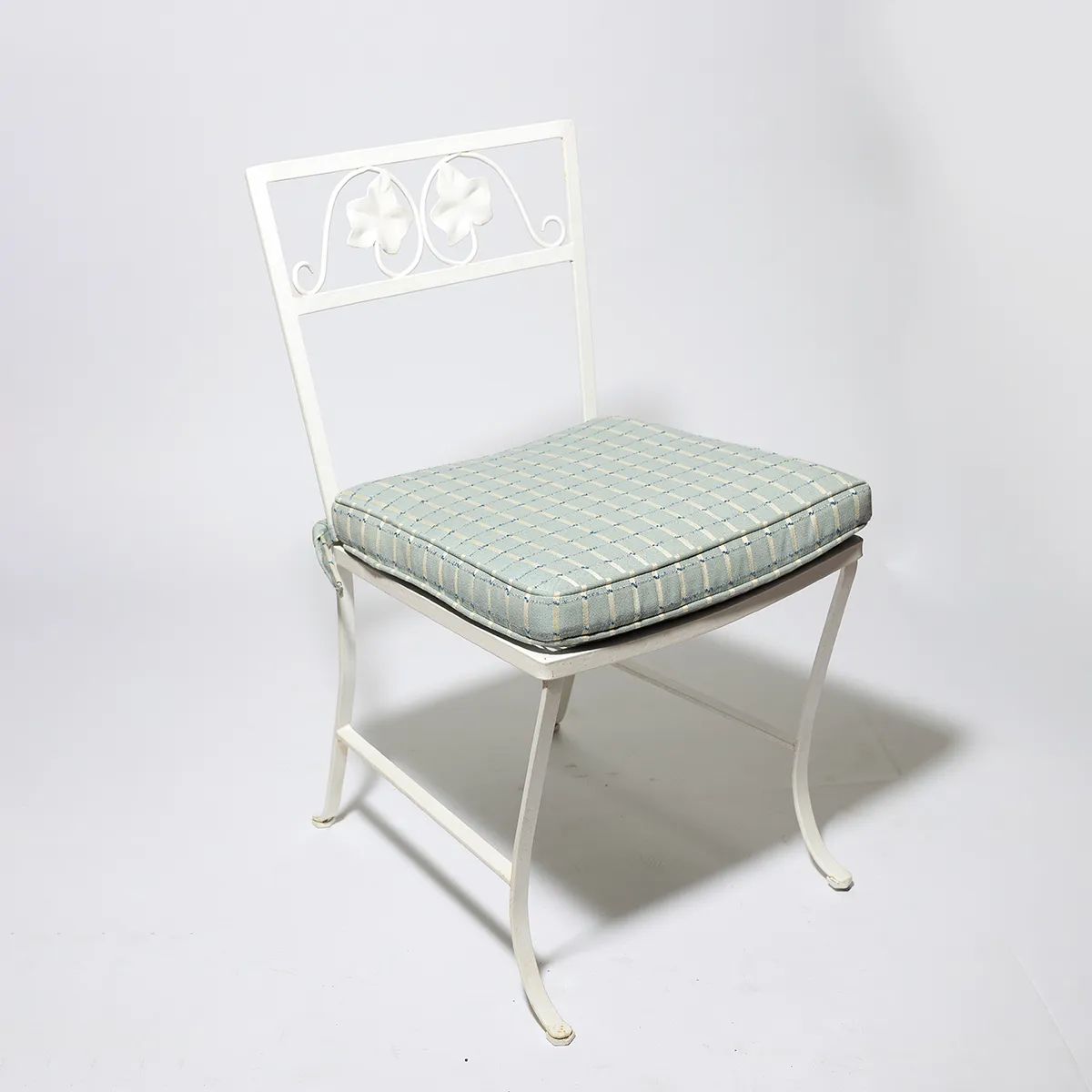 Vintage Mid Century Modern White Powder Coated Wrought Iron Salterini outdoor Garden Chair Patio Set with Vintage Blue cushion - 17" x 16" seating area  31.75" tall