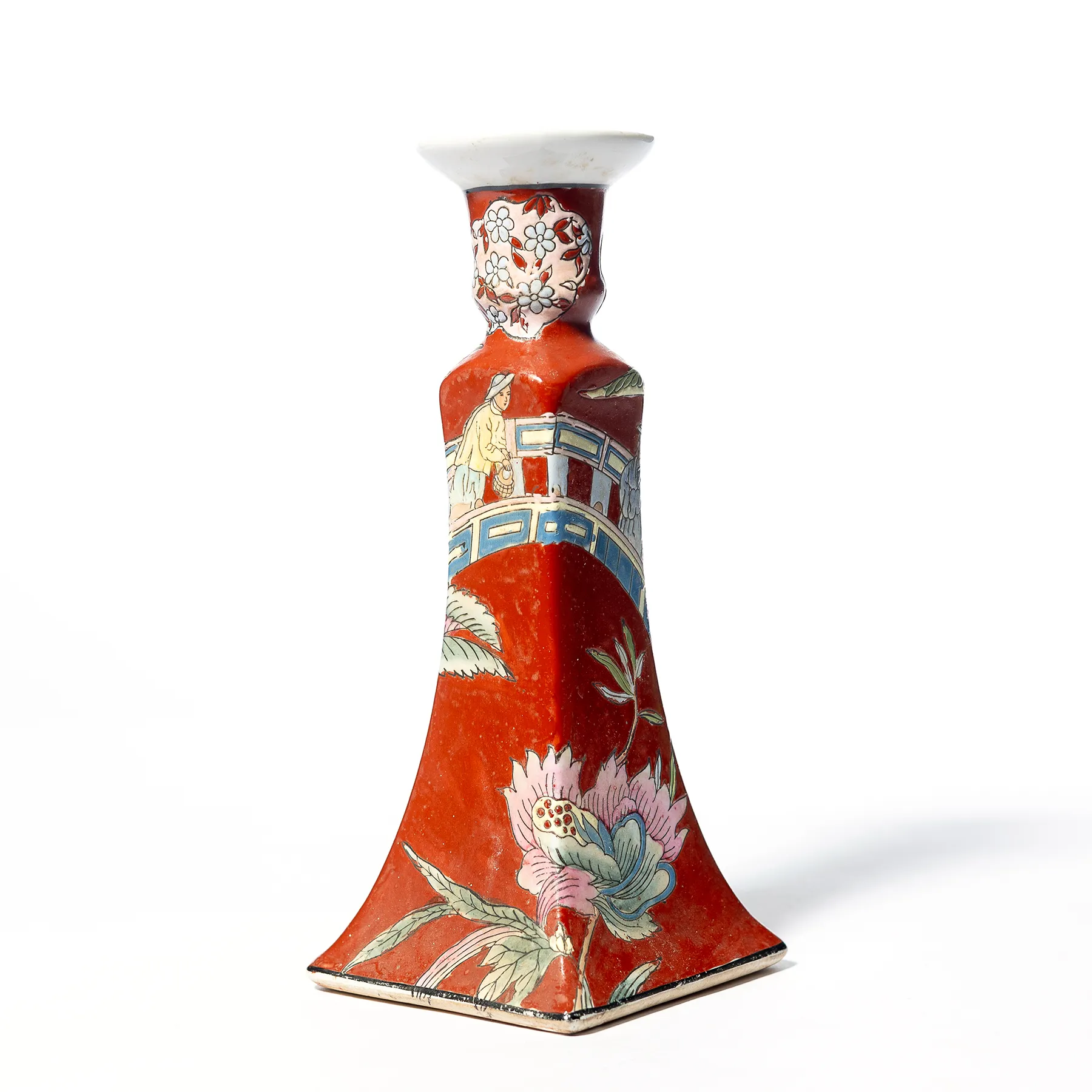 Chinese Porcelain Candle Stick Rust Color Hand Decorated Macau Asian - 8.5" X 4"
