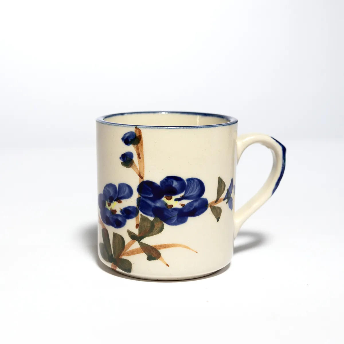 Off White Coffee Mug with hand painted bluebonnets blue, hand made, cup, pair - 3.25" x 3"