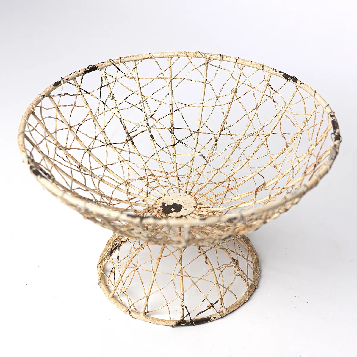 Country Farmhouse Off White Rustic Wired Pedestal Fruit Bowl 