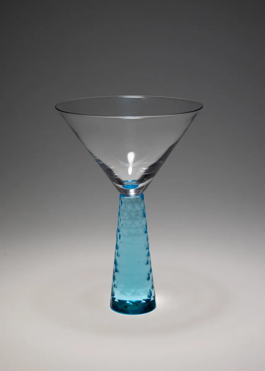 Single Martini Glass Clear Bell and Tall Hammered Thick Blue Stem, Base