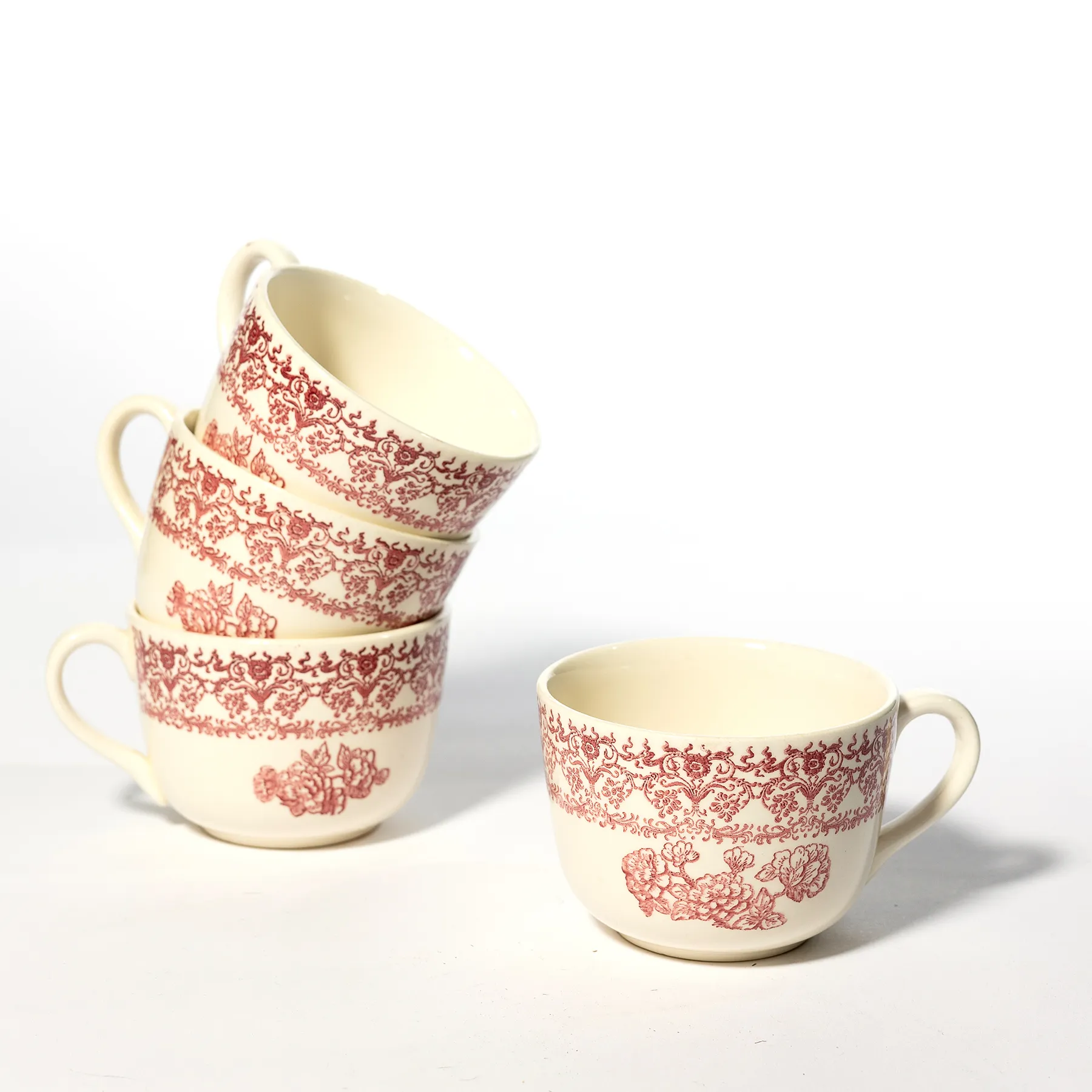 Red Royal China Cup Transferware Pink Floral Cup Set 4 - 2.5" x 3.5