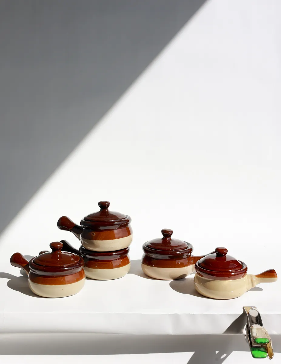 Old Vintage Stoneware Tri Color Glaze Soup Mug Chili Bowl with Lid