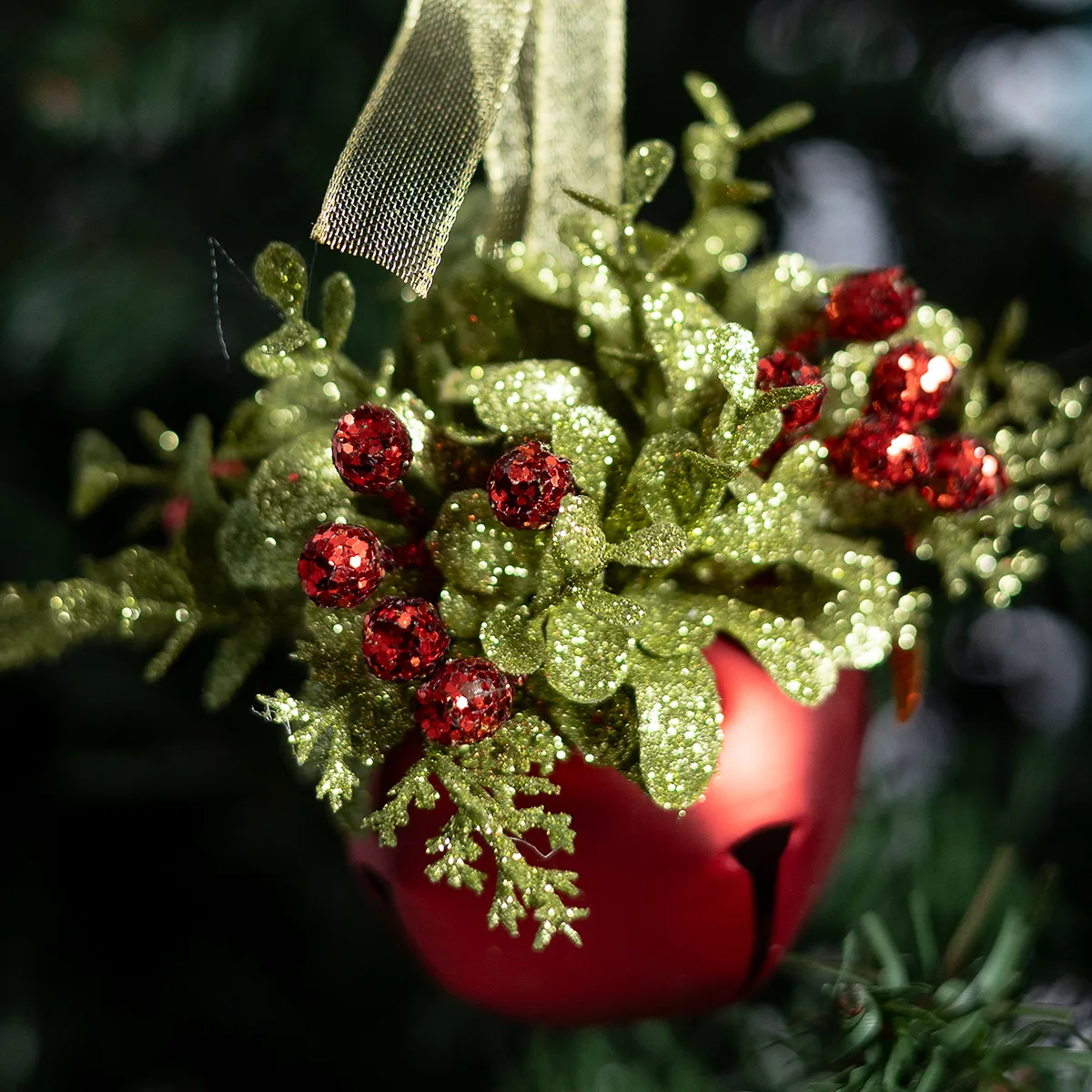 Christmas Ornament red bell with Glittered Lime Green and Red Holly on it