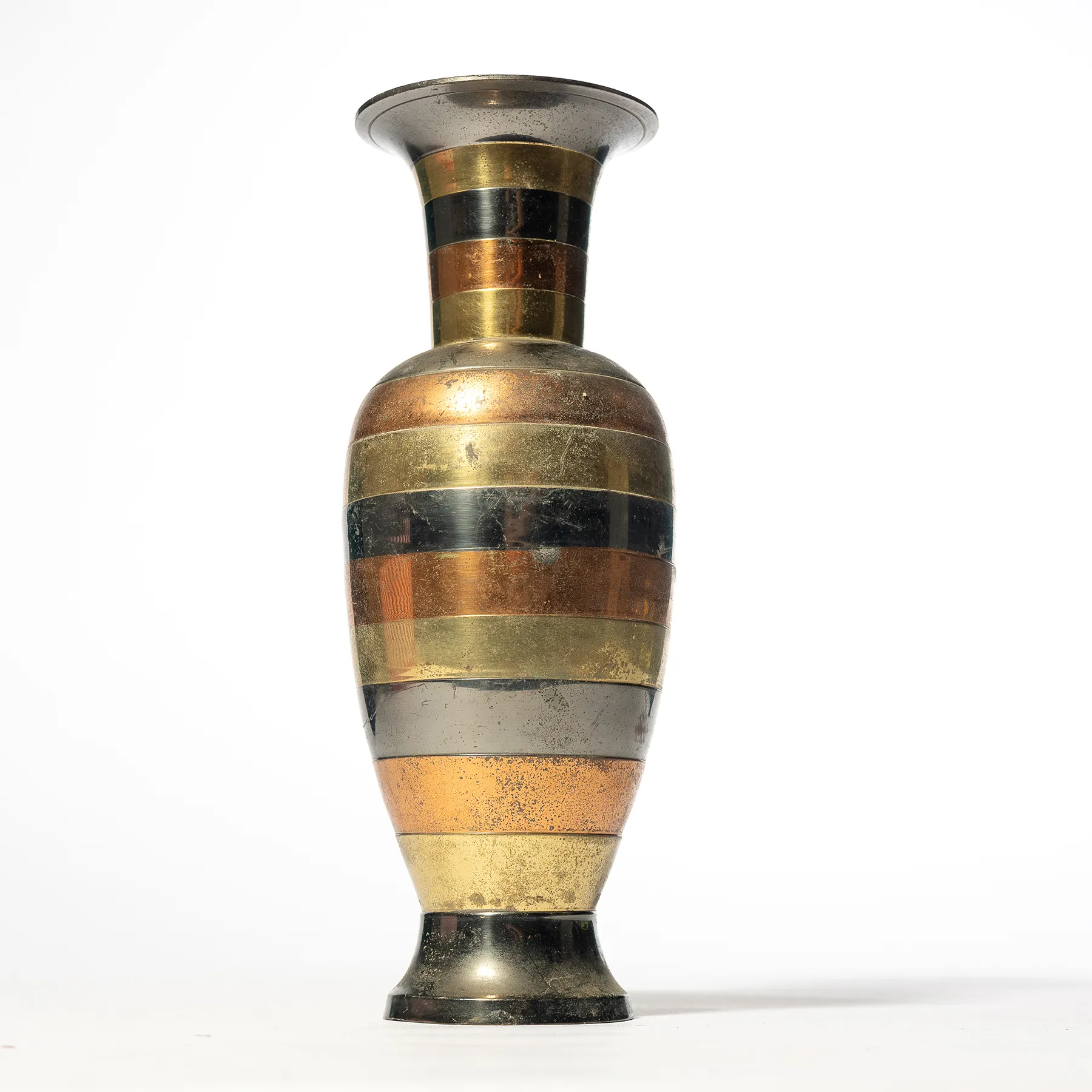 1970s Brass Copper and Pewter Metal Vase - 7.5" x 14"